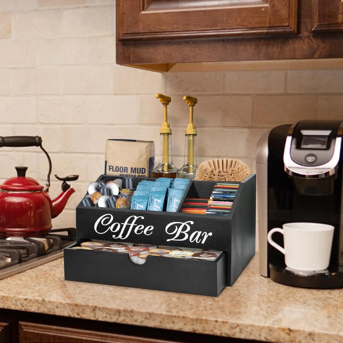 Rustic Wooden Coffee Bar Organizer