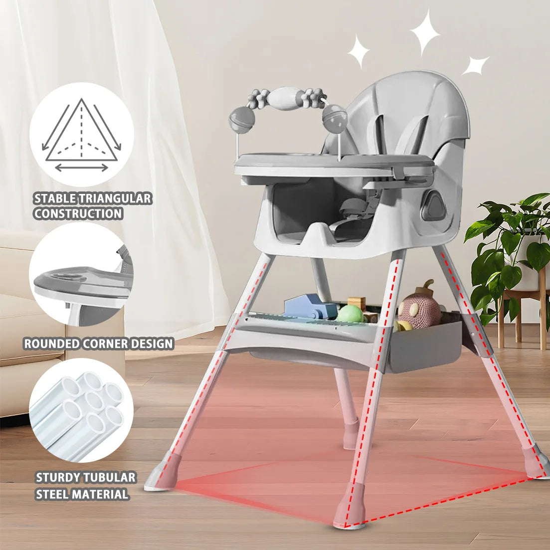 Foldable Baby High Chair with Toy Rack