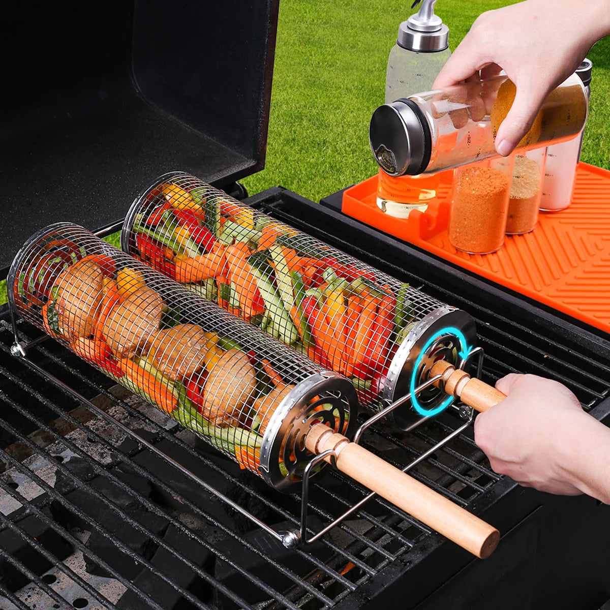 Large BBQ Rolling Grill Basket
