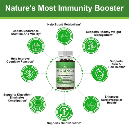 Organic Moringa Leaf Extract 1000mg Serving 100% Pure 120 Caps Immune Support , Strong Antioxidant, Digestive & Gut Health